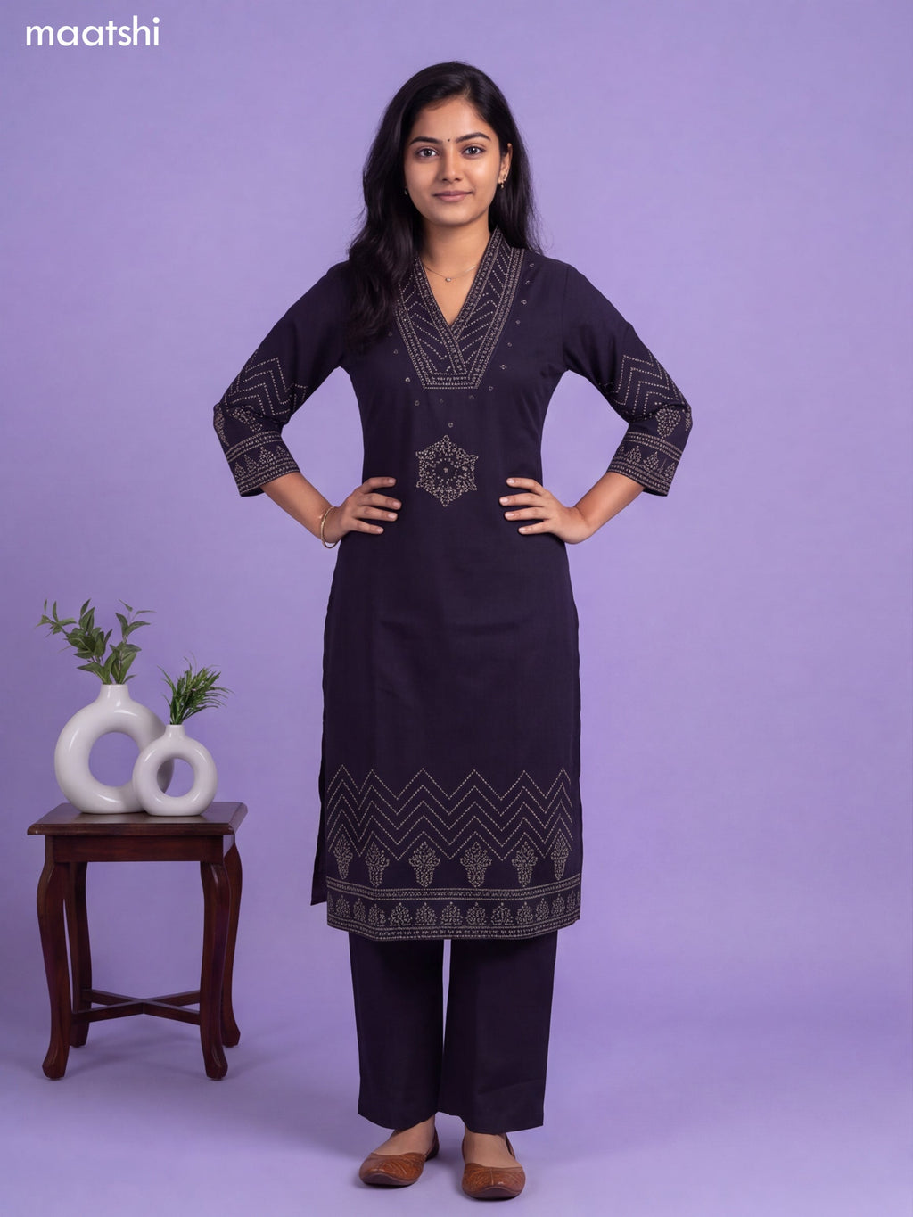 Navy Blue Cotton Bandhani Printed & Simple Embroidery Work Straight Suit
