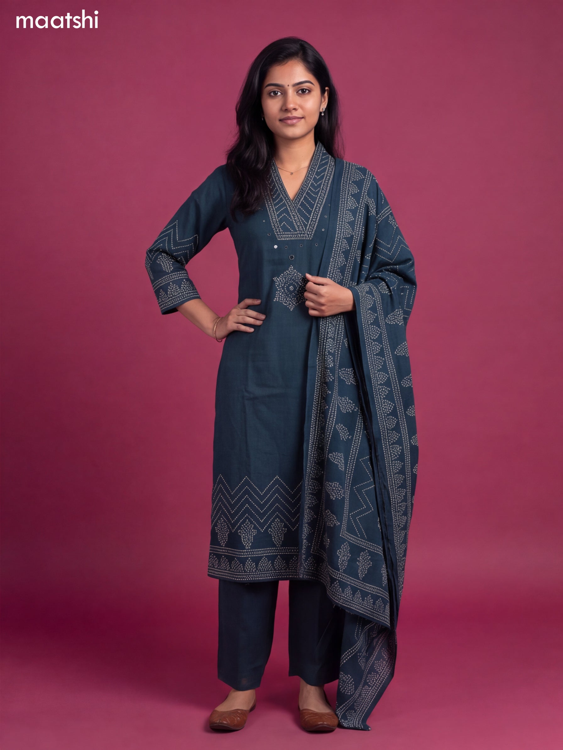 Peacock Green Cotton Bandhani Printed & Simple Embroidery Work Straight Suit