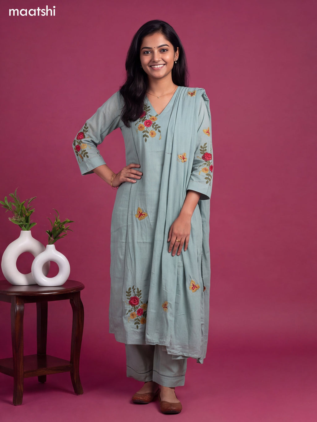 Pastel Green Cotton Simple Embroidery Work A-Line Suit