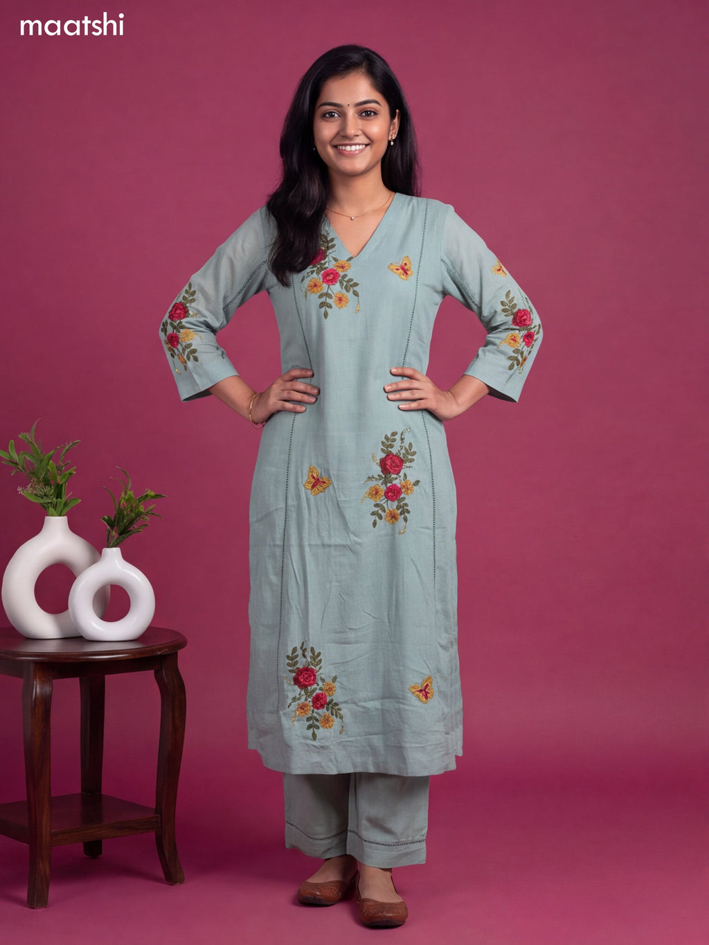 Pastel Green Cotton Simple Embroidery Work A-Line Suit