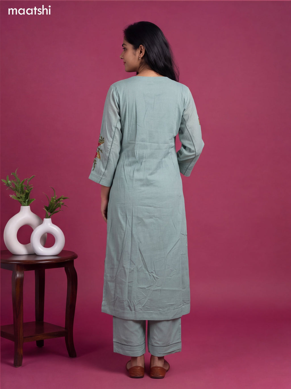 Pastel Green Cotton Simple Embroidery Work A-Line Suit