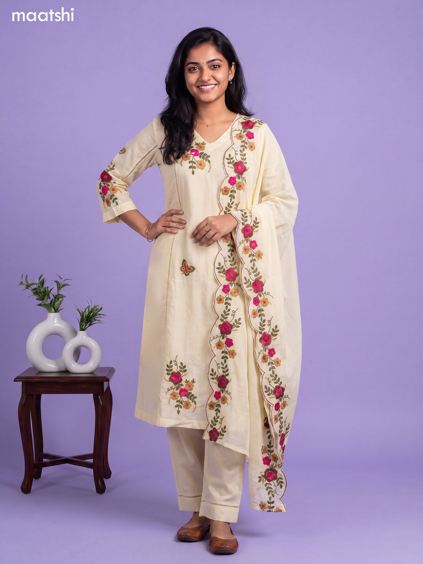 Pale Yellow Cotton Simple Embroidery Work A-Line Suit