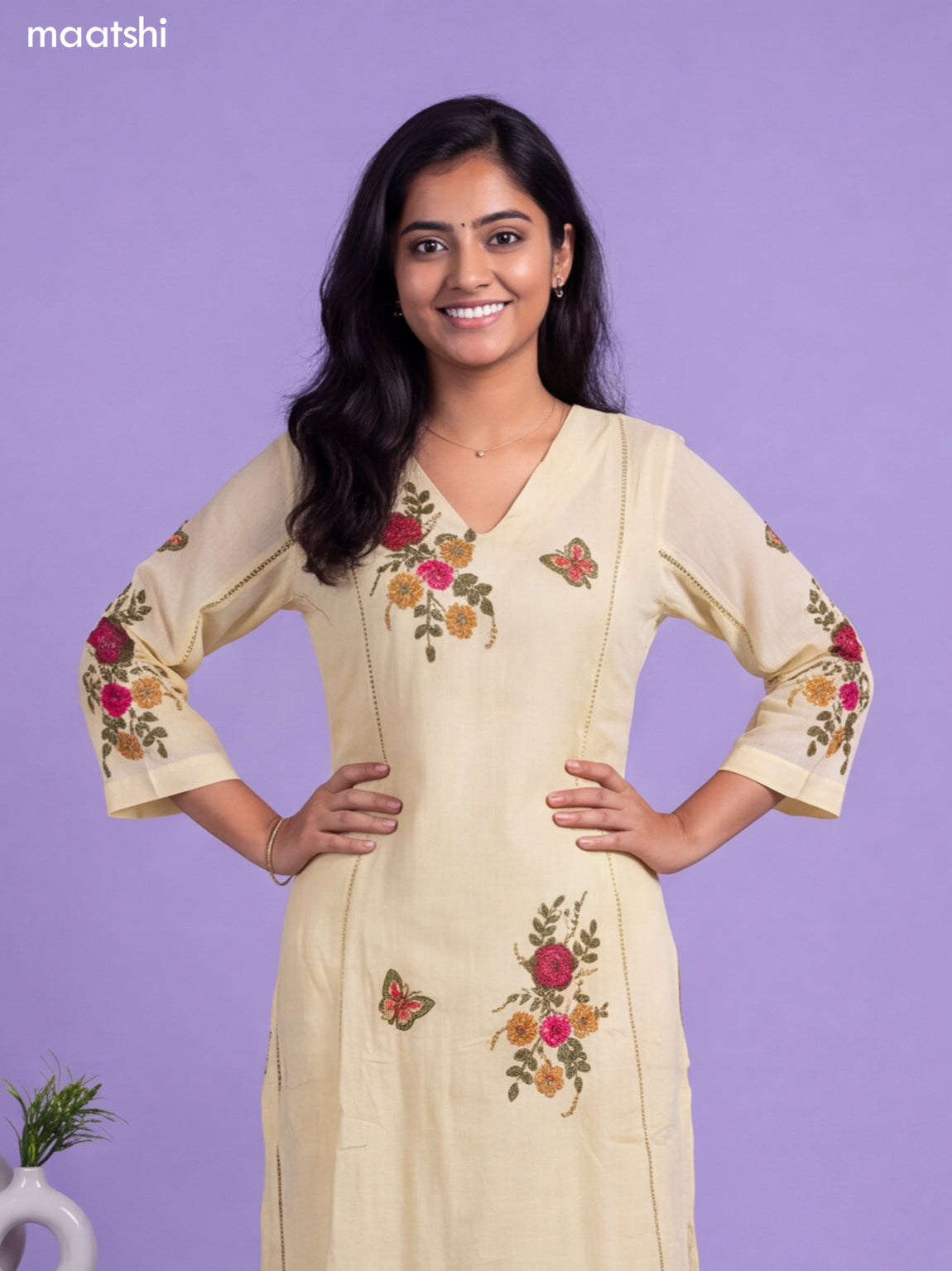 Pale Yellow Cotton Simple Embroidery Work A-Line Suit