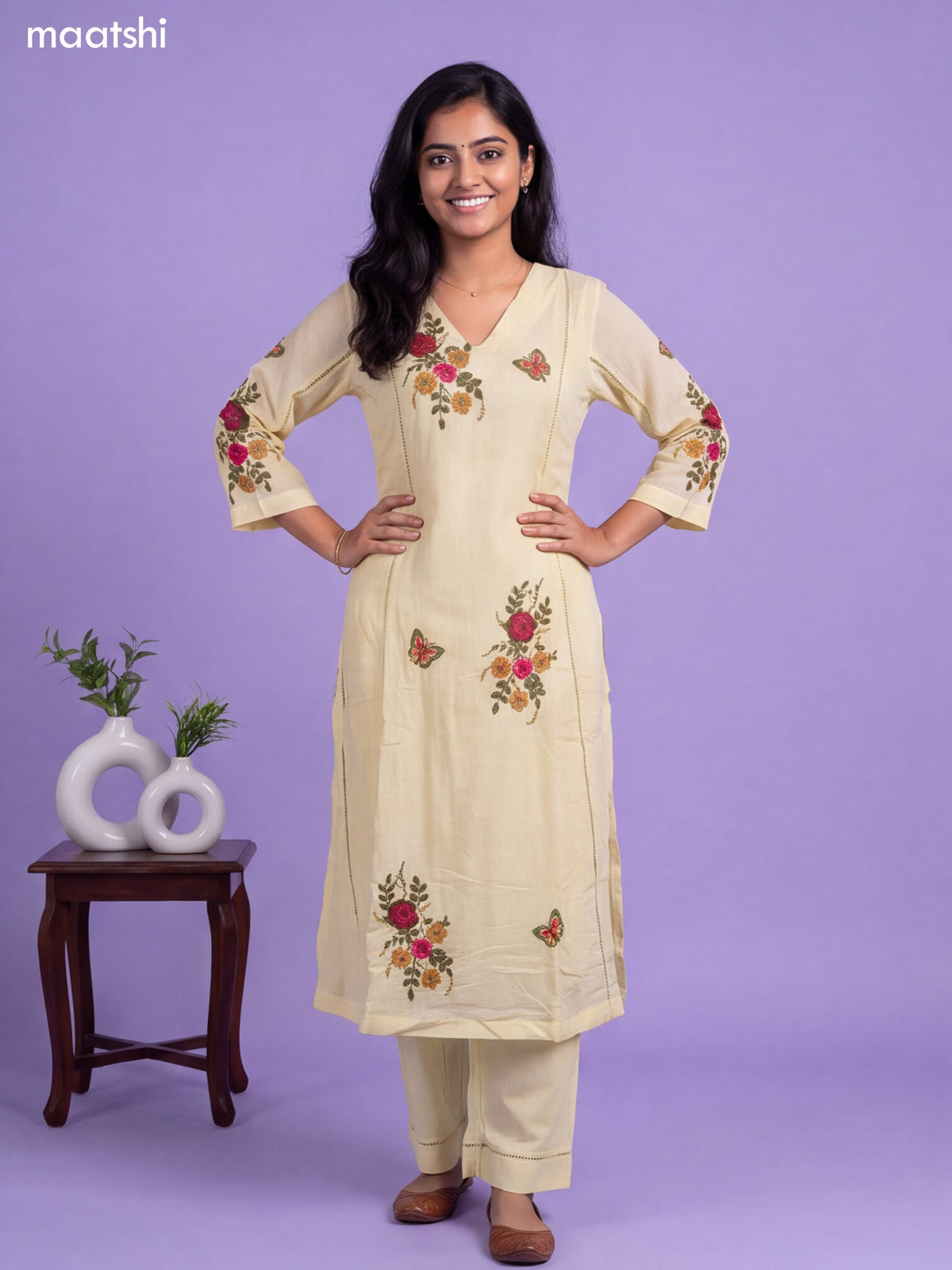 Pale Yellow Cotton Simple Embroidery Work A-Line Suit