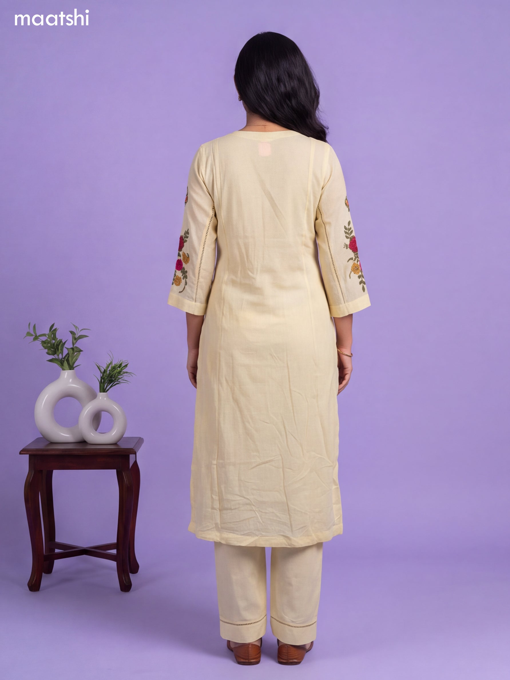 Pale Yellow Cotton Simple Embroidery Work A-Line Suit