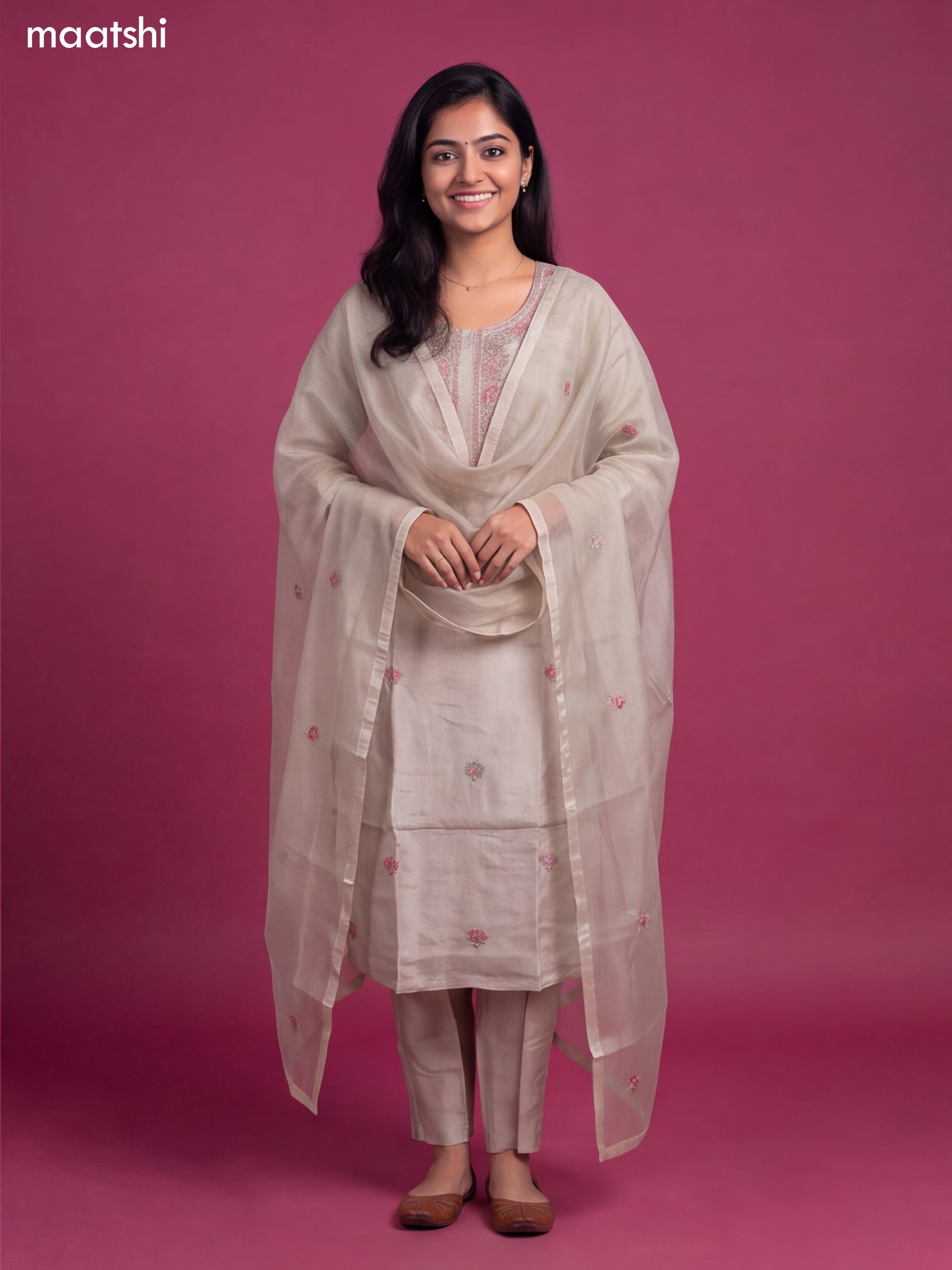 Beige Tissue Embroidery Work Straight Suit