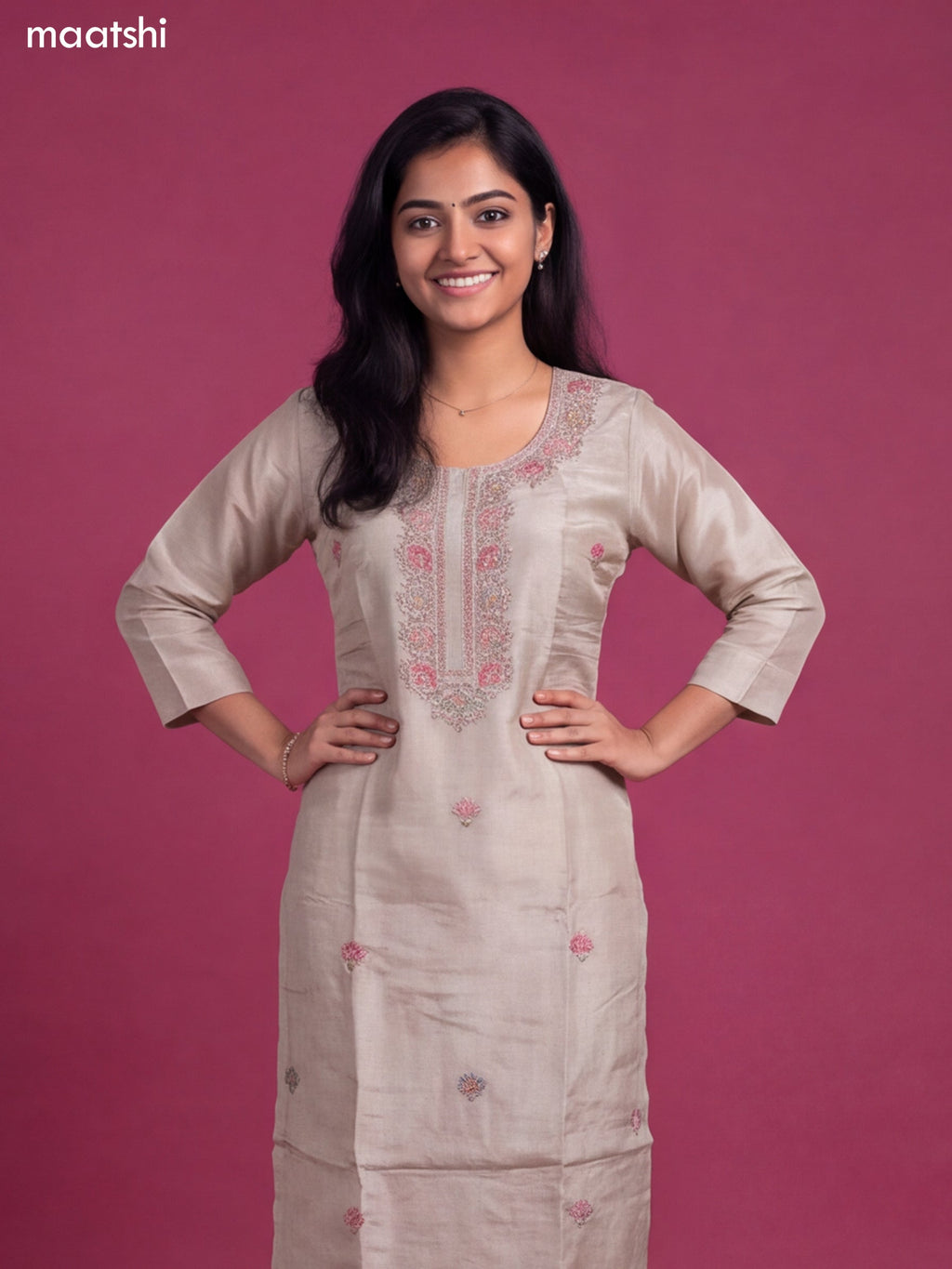 Beige Tissue Embroidery Work Straight Suit