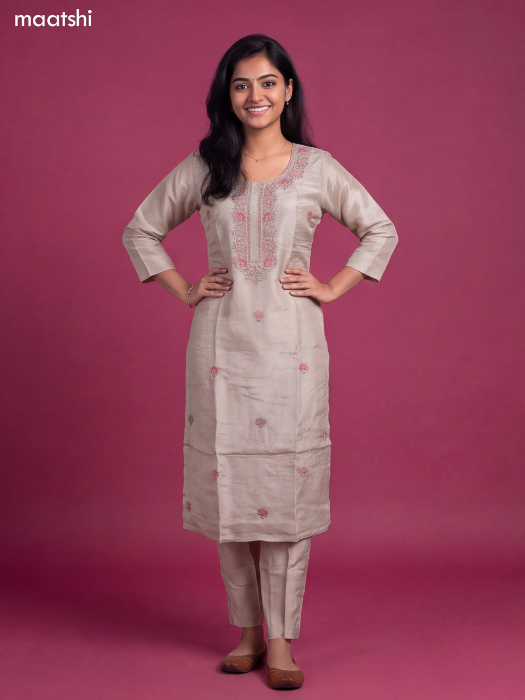 Beige Tissue Embroidery Work Straight Suit