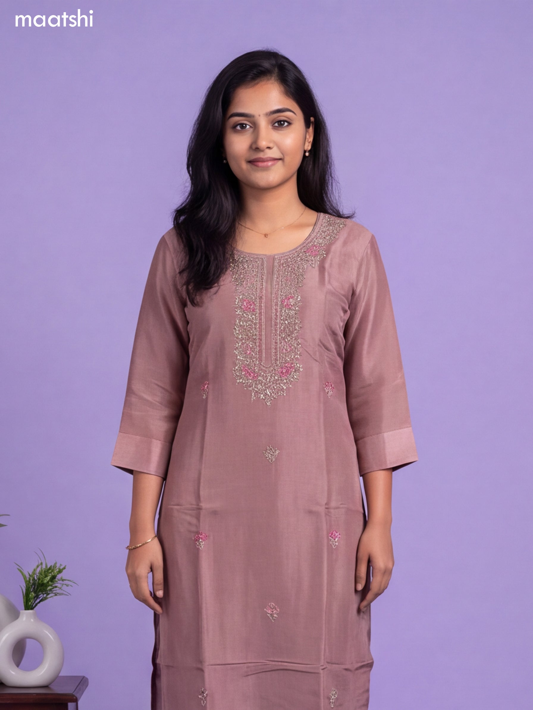 Pink Tissue Embroidery Work Straight Suit
