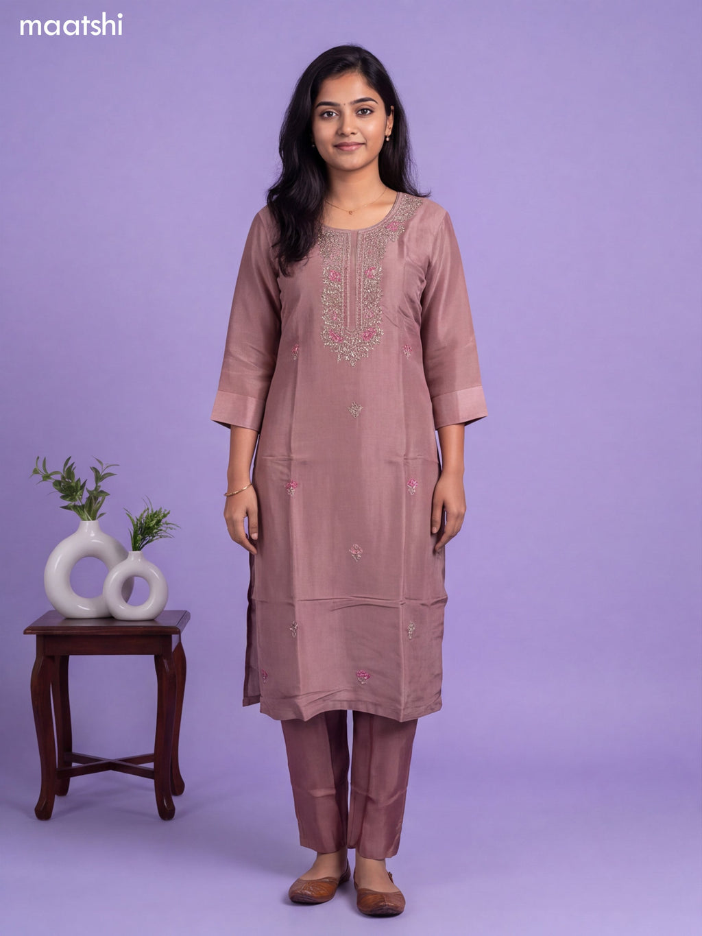 Pink Tissue Embroidery Work Straight Suit