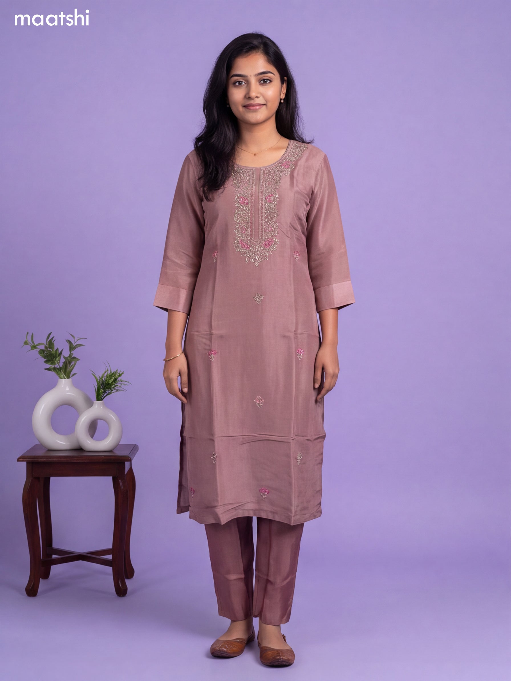 Pink Tissue Embroidery Work Straight Suit