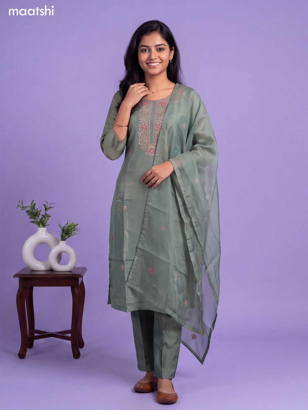 Green Tissue Embroidery Work Straight Suit