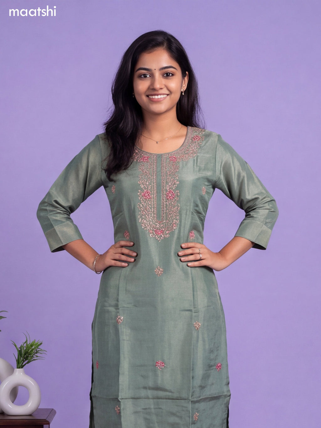 Green Tissue Embroidery Work Straight Suit