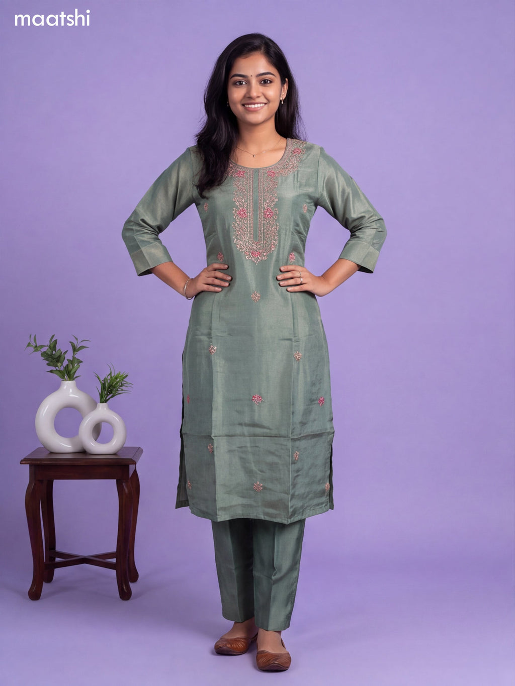Green Tissue Embroidery Work Straight Suit