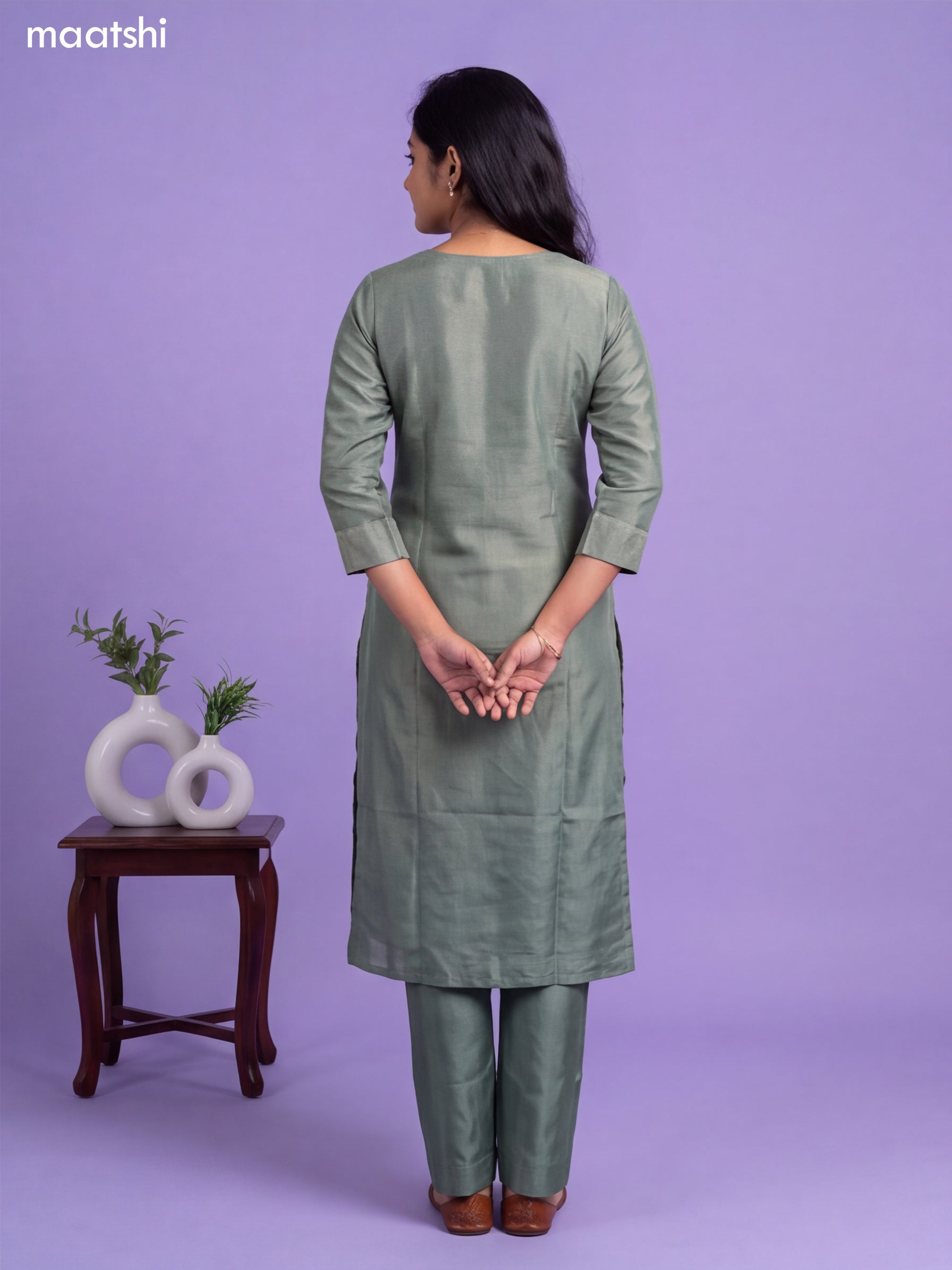 Green Tissue Embroidery Work Straight Suit
