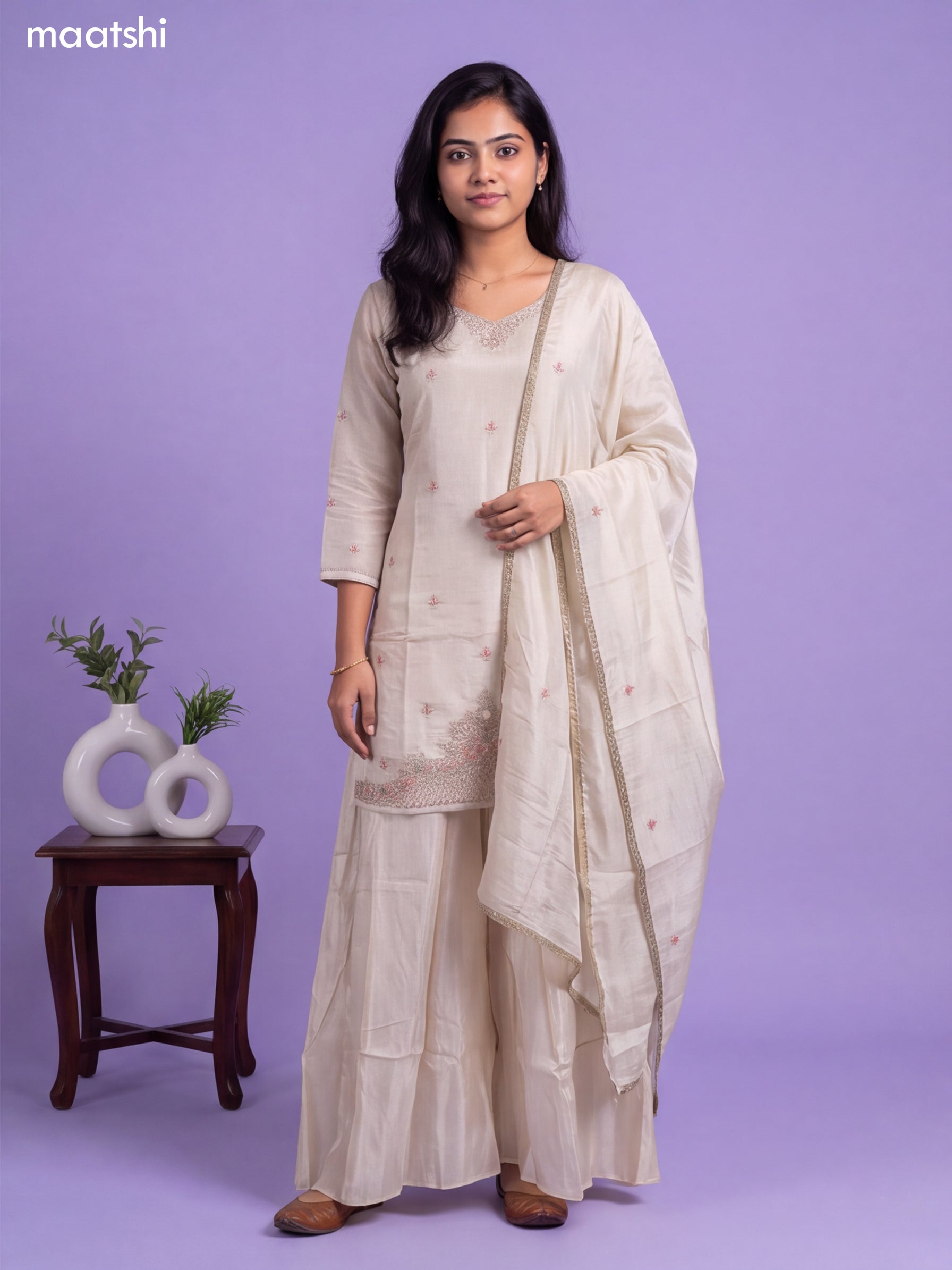 Cream Tissue Embroidery Work Short Straight Suit
