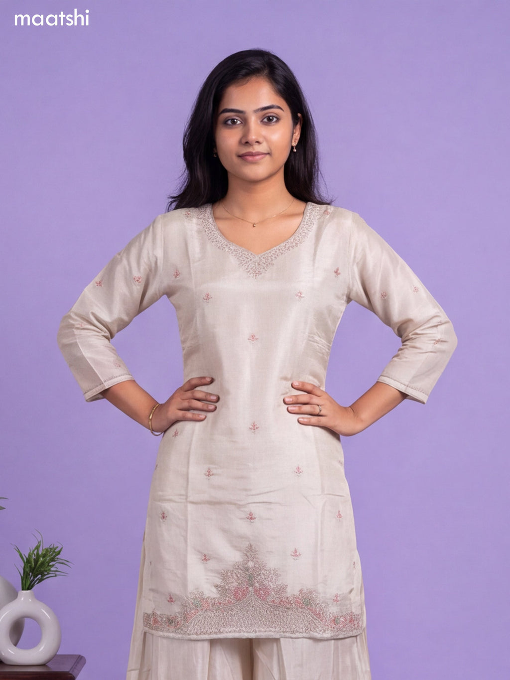 Cream Tissue Embroidery Work Short Straight Suit
