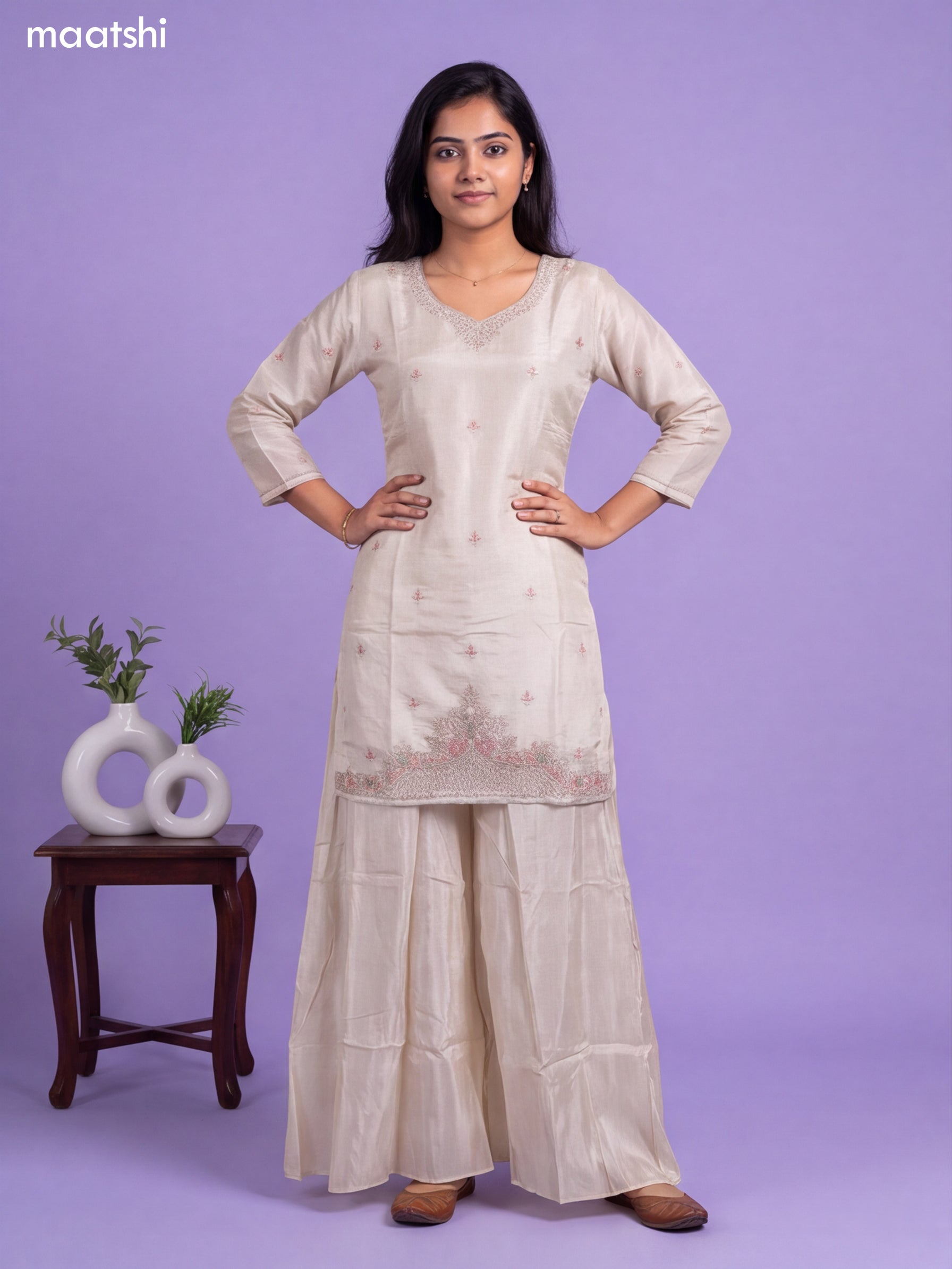 Cream Tissue Embroidery Work Short Straight Suit