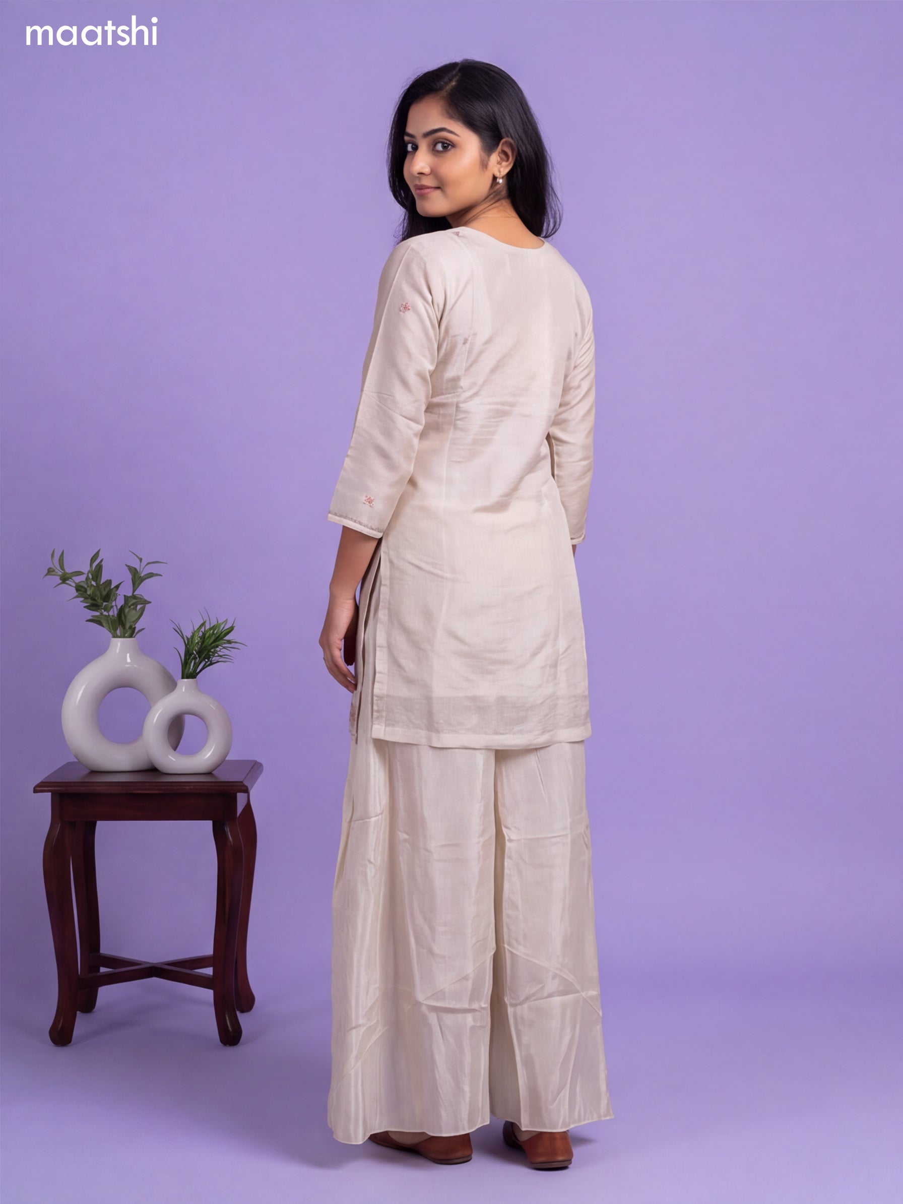 Cream Tissue Embroidery Work Short Straight Suit