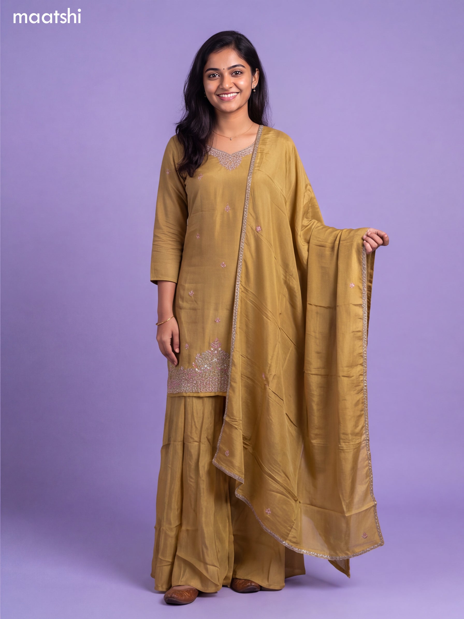 Mustard Yellow Tissue Embroidery Work Short Straight Suit