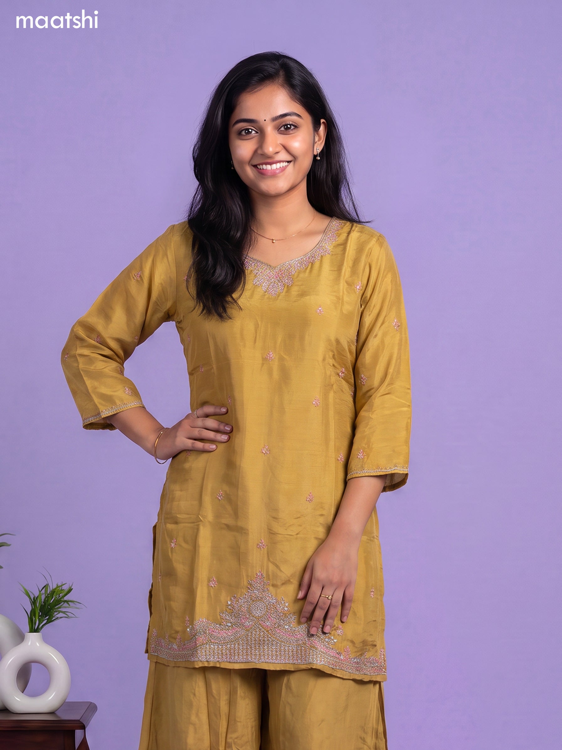 Mustard Yellow Tissue Embroidery Work Short Straight Suit