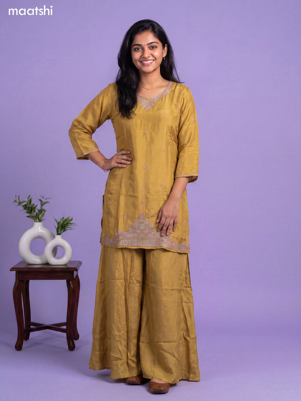 Mustard Yellow Tissue Embroidery Work Short Straight Suit