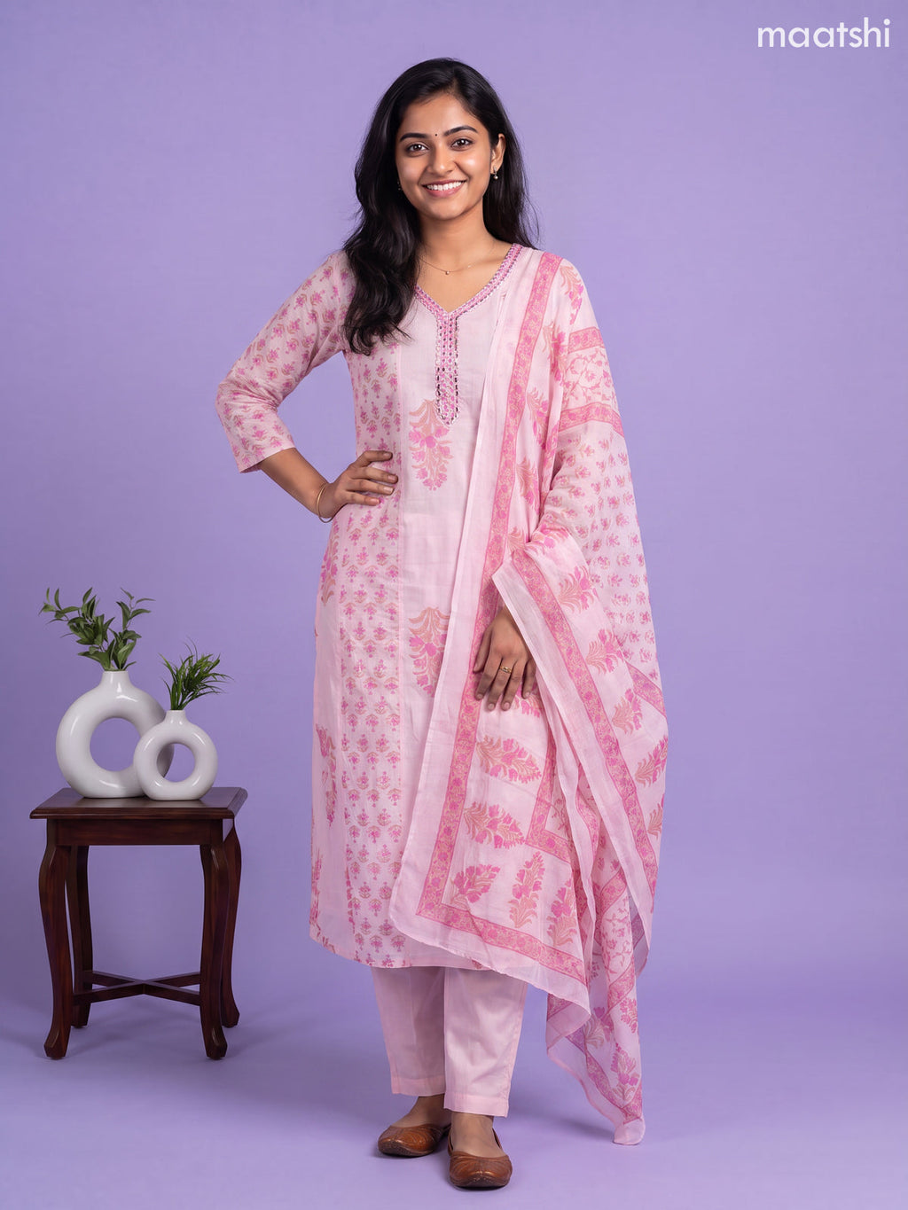 Pink Cotton Embroidery Work Anarkali Suit
