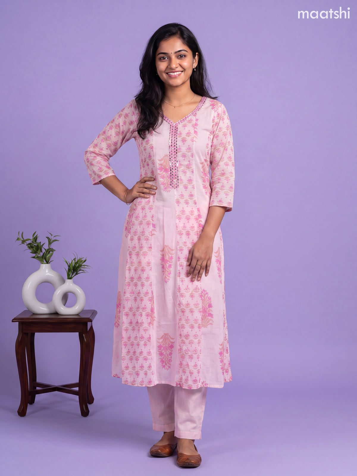 Pink Cotton Embroidery Work Anarkali Suit