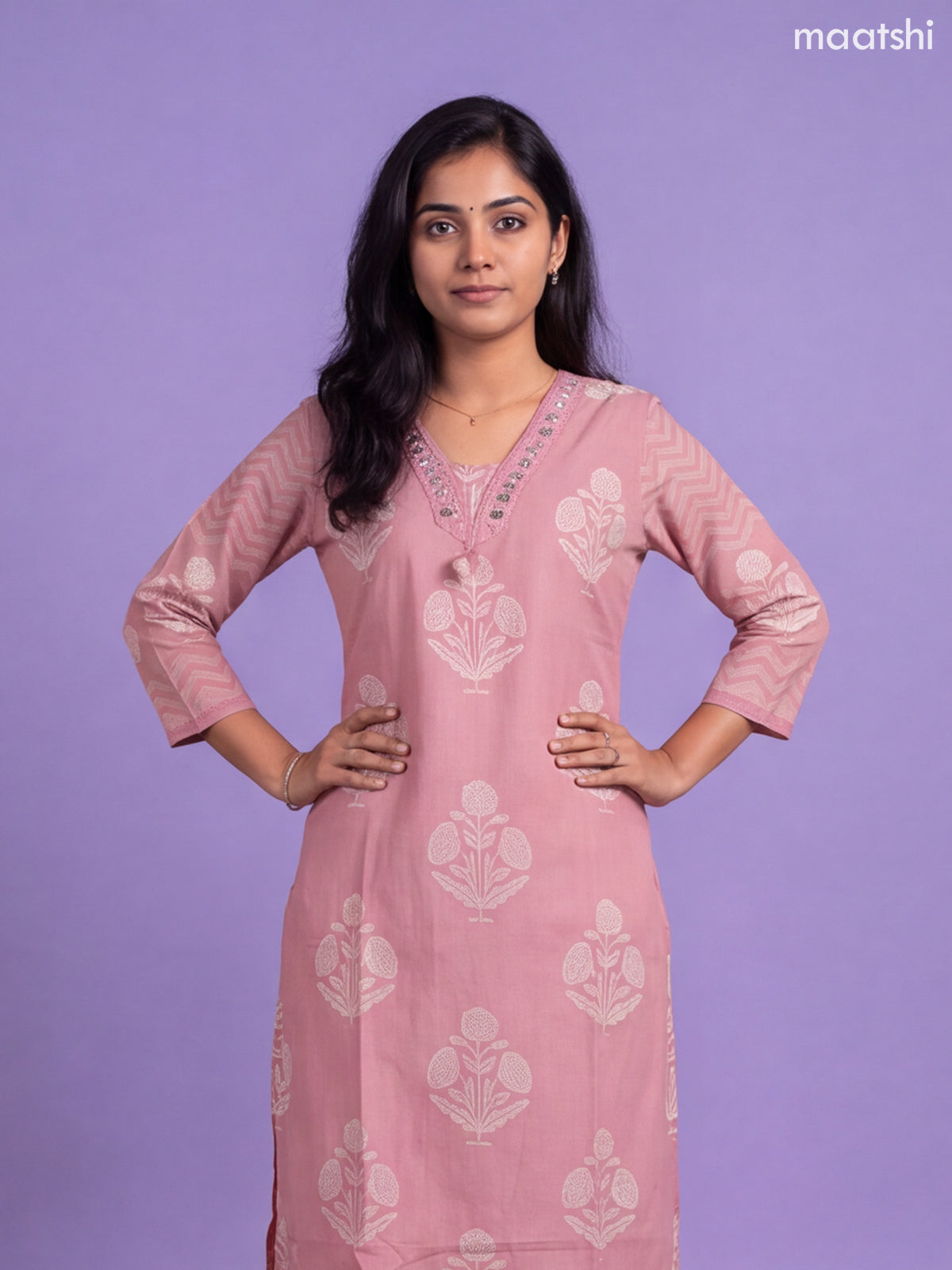 Pink Cotton Printed Straight Suit
