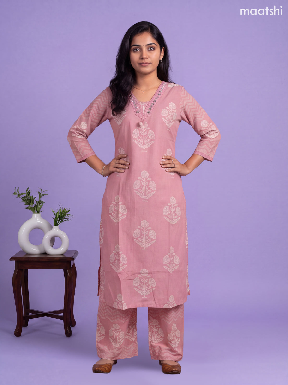 Pink Cotton Printed Straight Suit