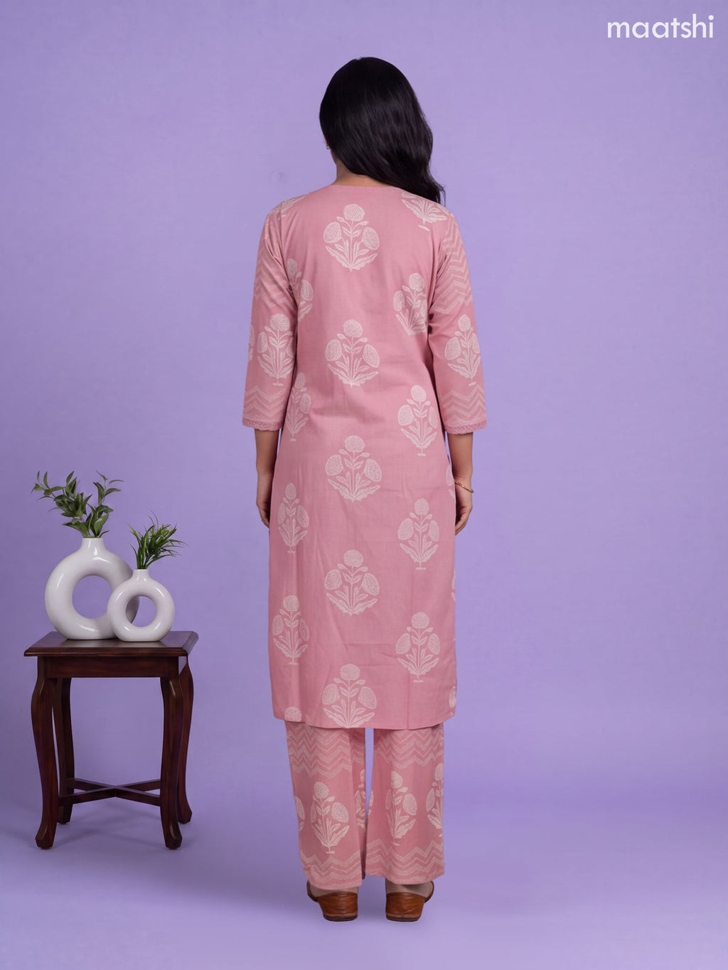 Pink Cotton Printed Straight Suit