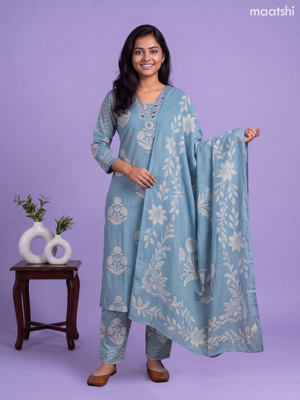 Blue Cotton Printed Straight Suit