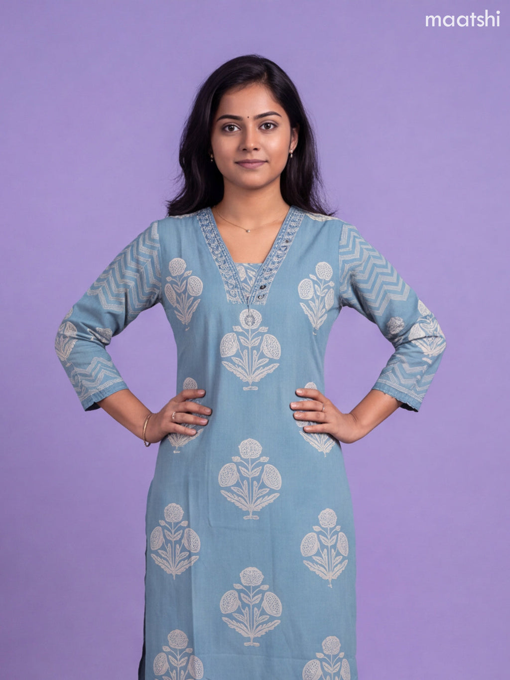 Blue Cotton Printed Straight Suit