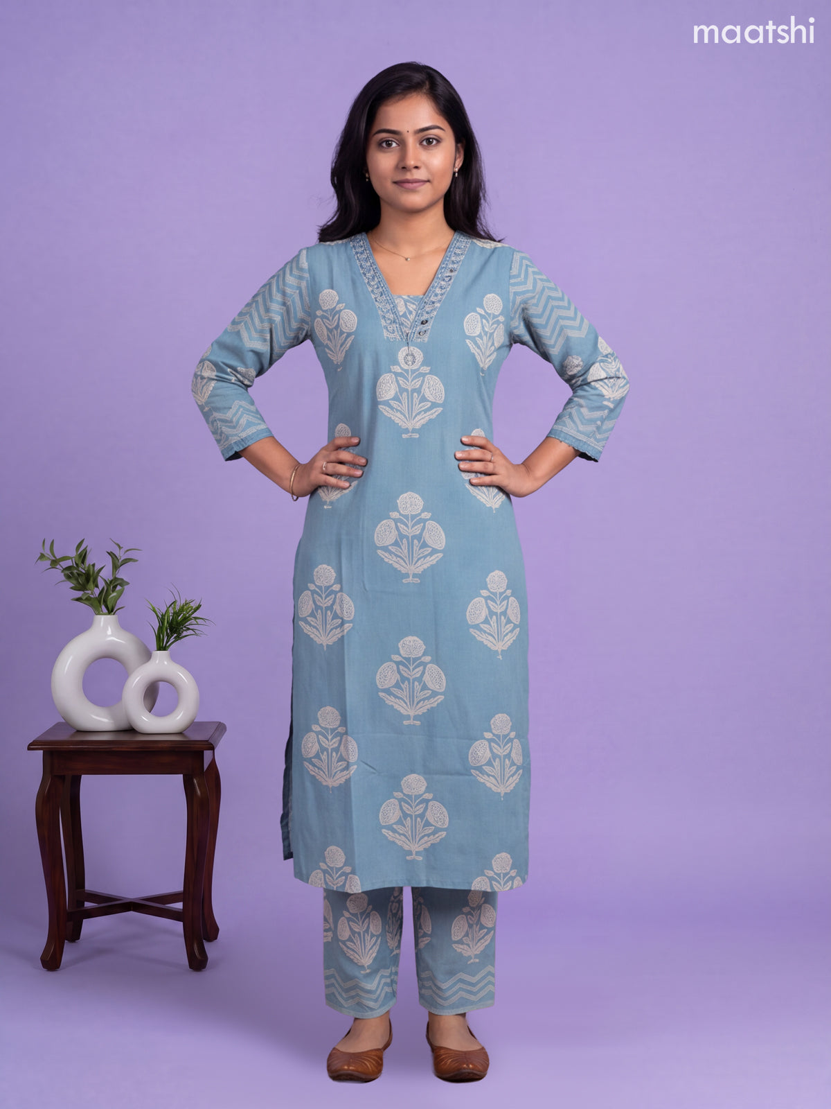 Blue Cotton Printed Straight Suit