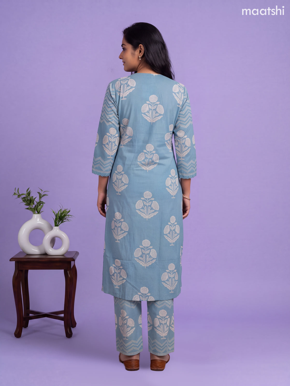 Blue Cotton Printed Straight Suit