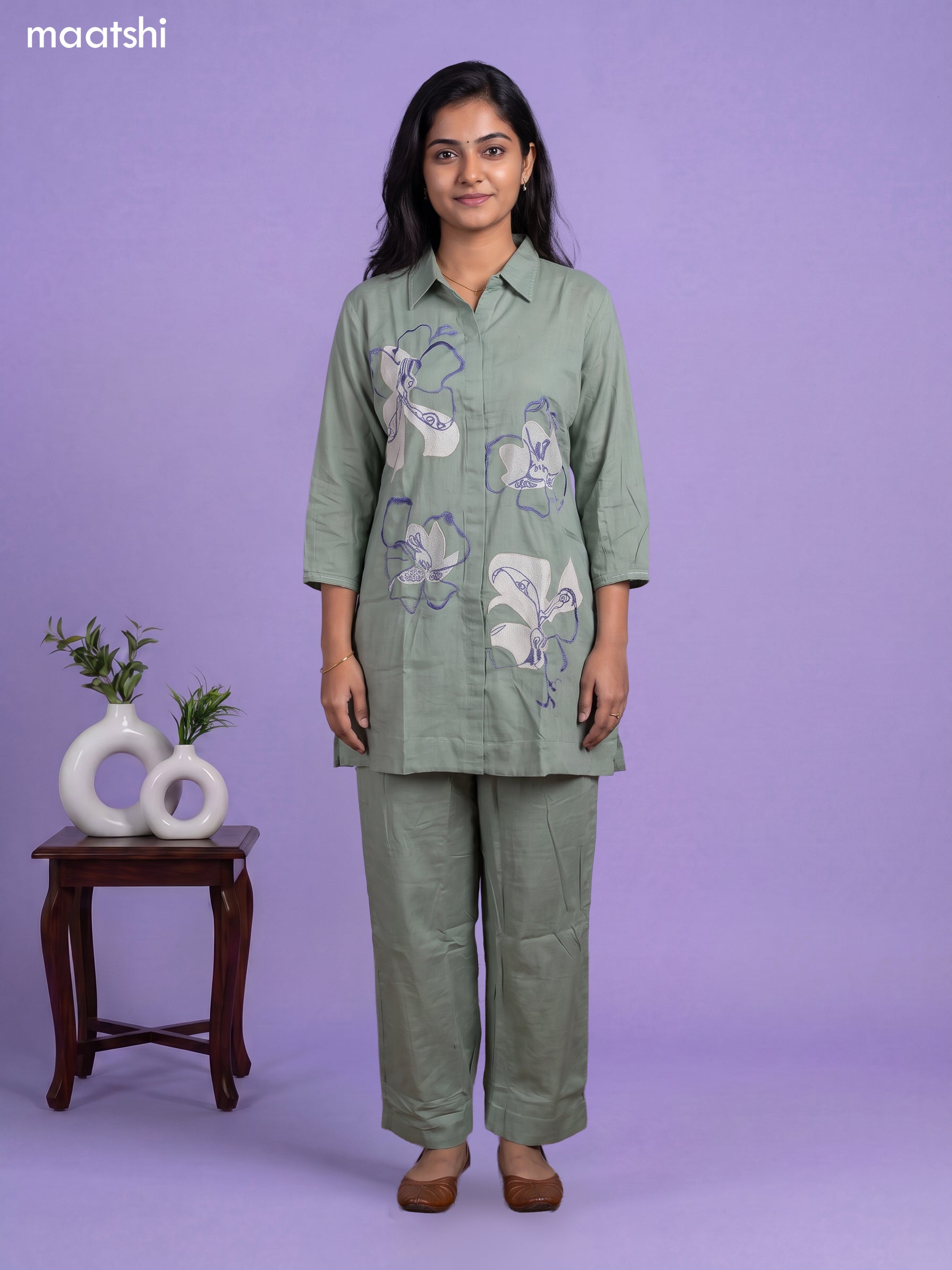Pastel Green Cotton Embroidery Work Short Co-Ord Set
