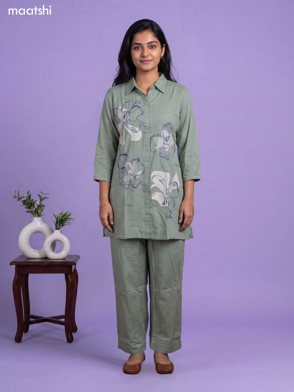 Pastel Green Cotton Embroidery Work Short Co-Ord Set