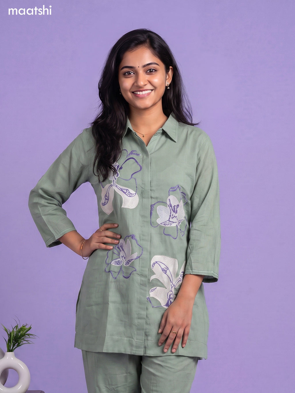 Pastel Green Cotton Embroidery Work Short Co-Ord Set