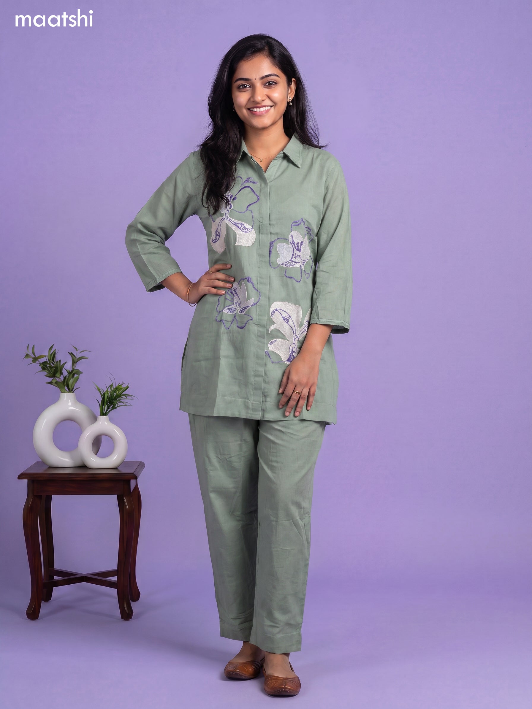 Pastel Green Cotton Embroidery Work Short Co-Ord Set