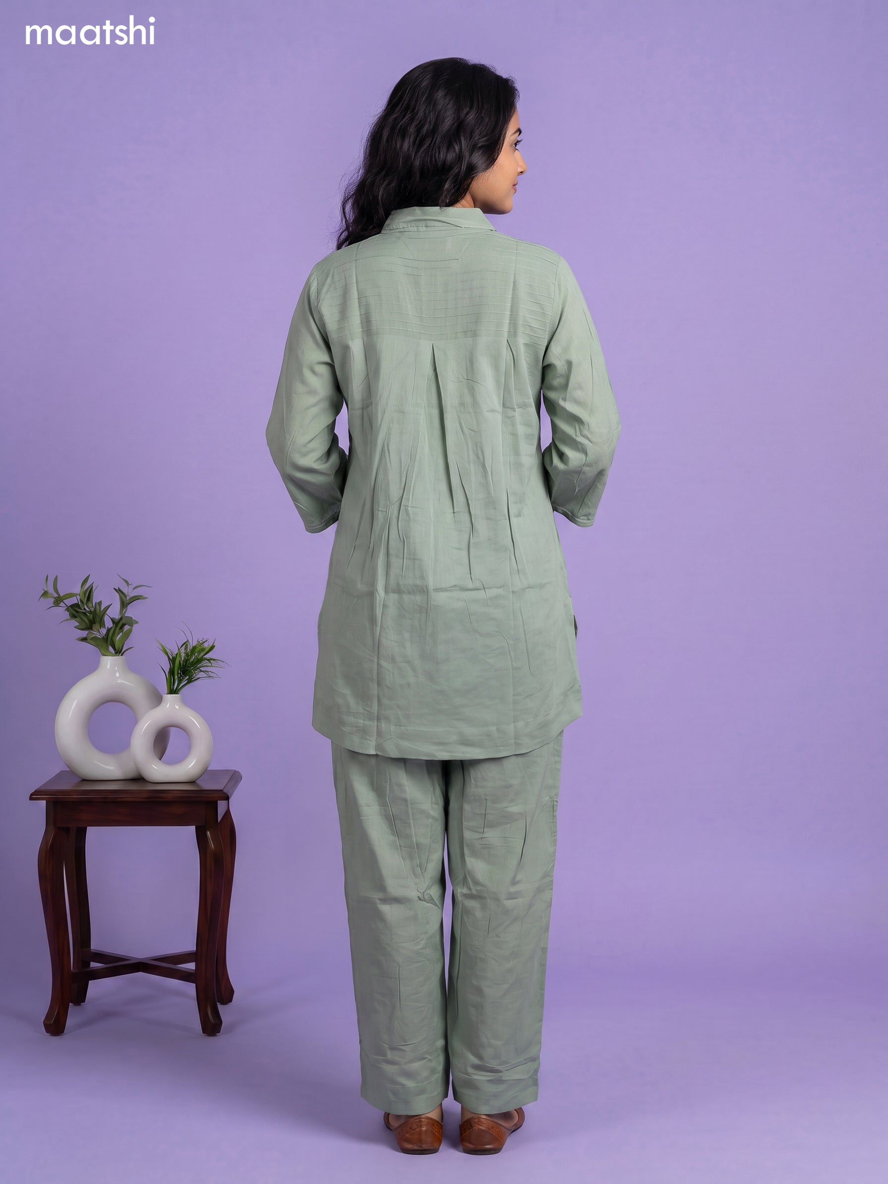 Pastel Green Cotton Embroidery Work Short Co-Ord Set