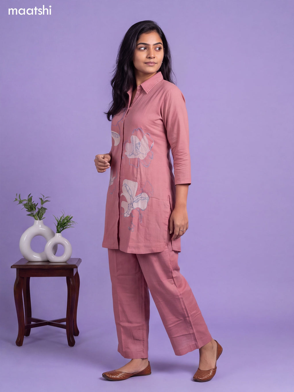 Mauve Pink Cotton Embroidery Work Short Co-Ord Set