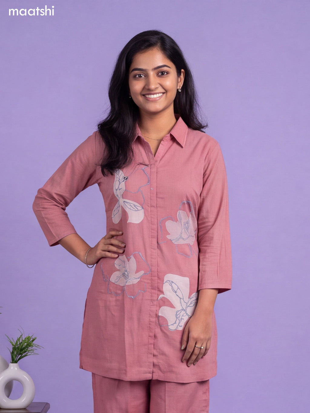Mauve Pink Cotton Embroidery Work Short Co-Ord Set