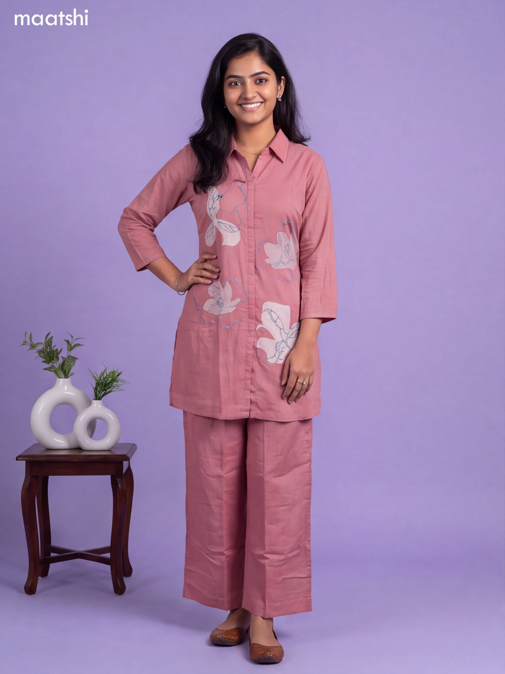 Mauve Pink Cotton Embroidery Work Short Co-Ord Set