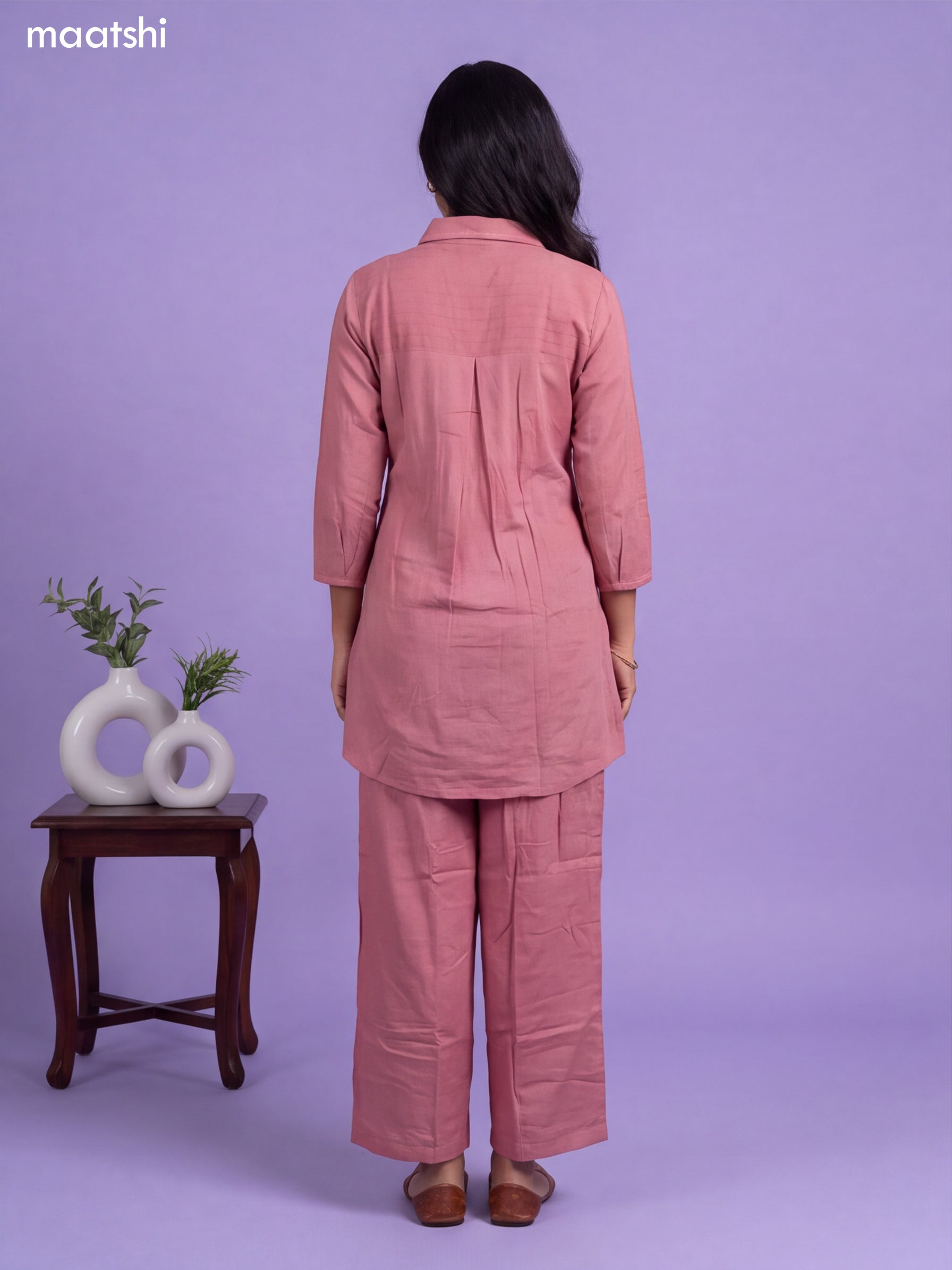 Mauve Pink Cotton Embroidery Work Short Co-Ord Set