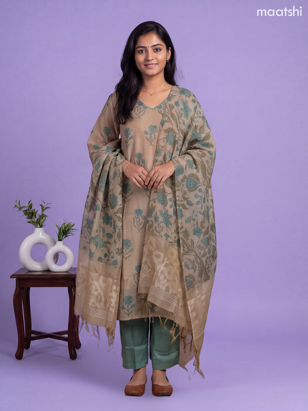 Grey Cotton Floral Printed Embroidery Work Straight Suit