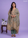 Grey Cotton Floral Printed Embroidery Work Straight Suit