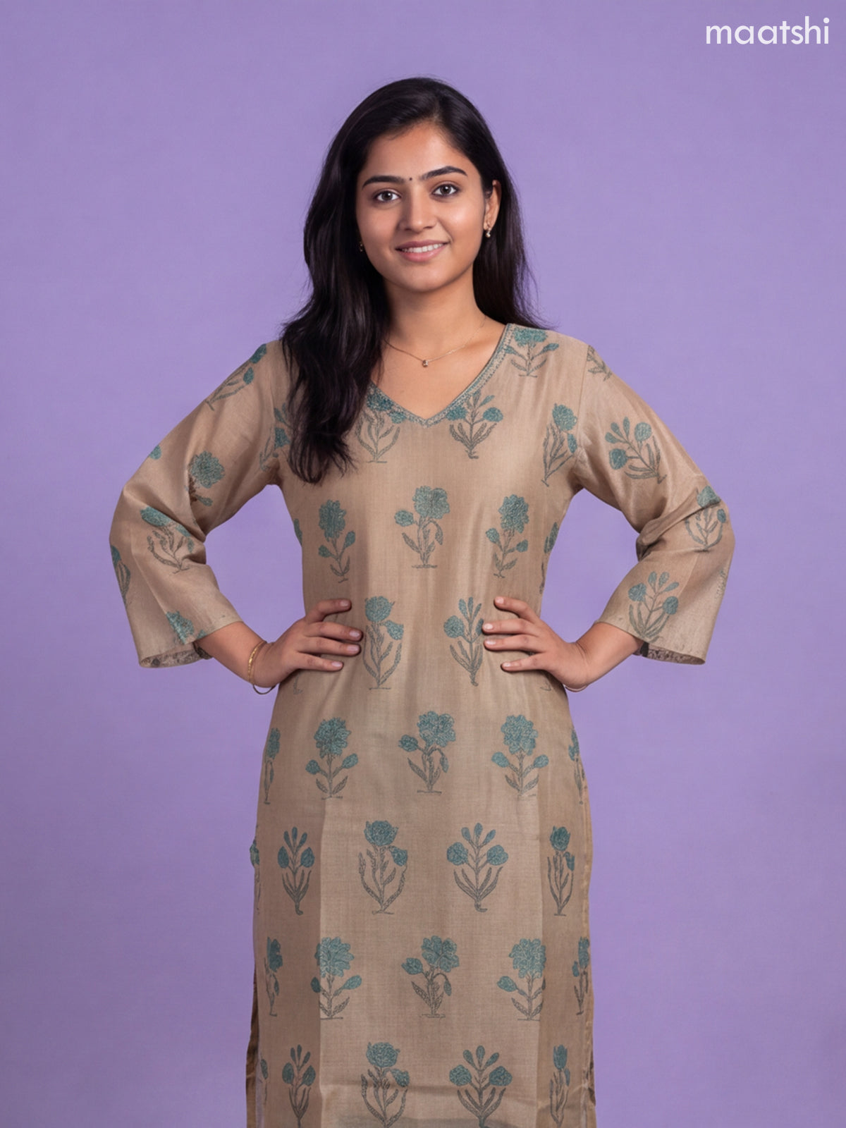 Grey Cotton Floral Printed Embroidery Work Straight Suit