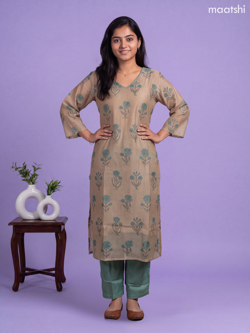 Grey Cotton Floral Printed Embroidery Work Straight Suit
