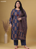 Navy Blue Cotton Floral Printed Straight Suit