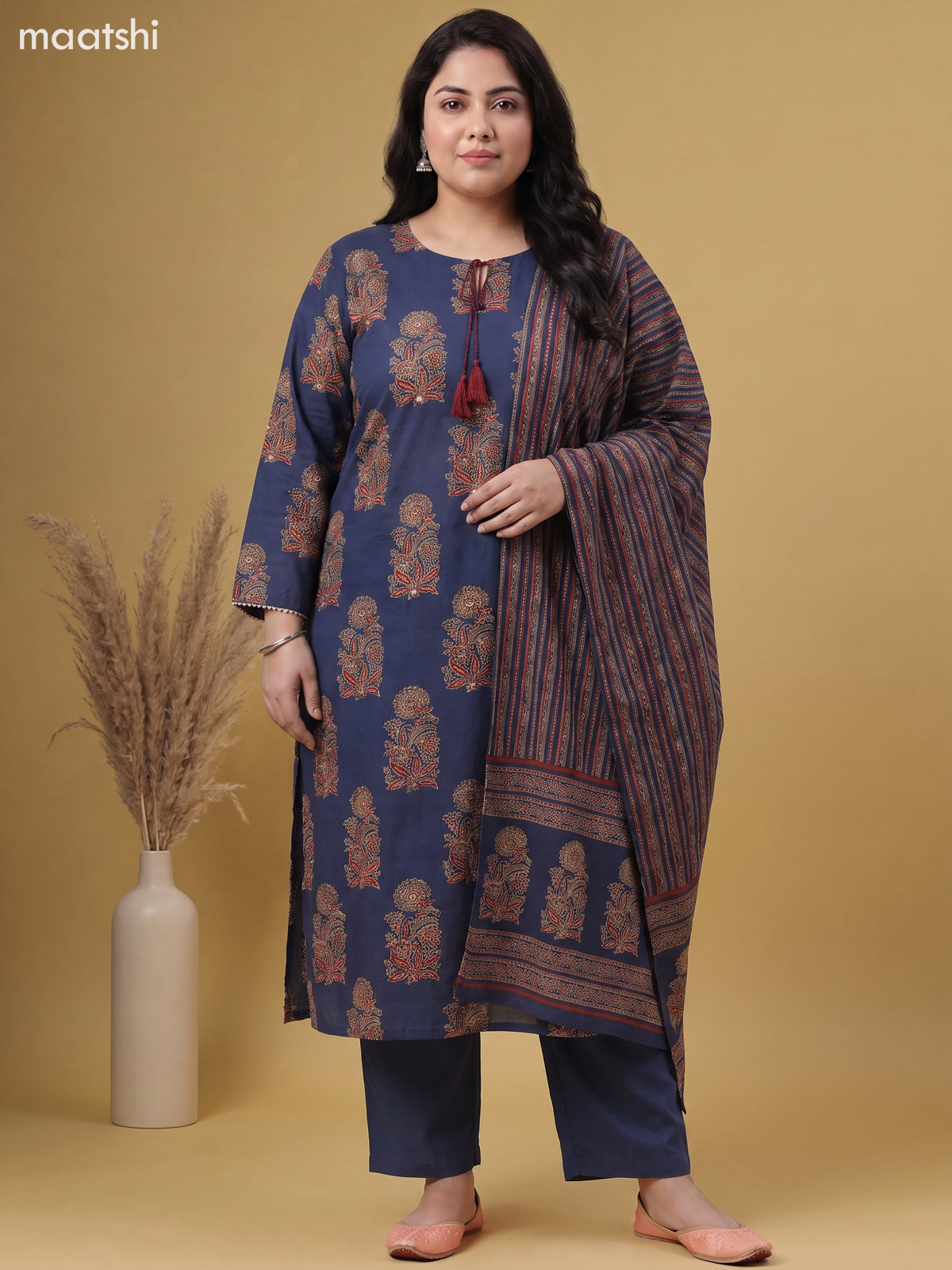 Navy Blue Cotton Floral Printed Straight Suit